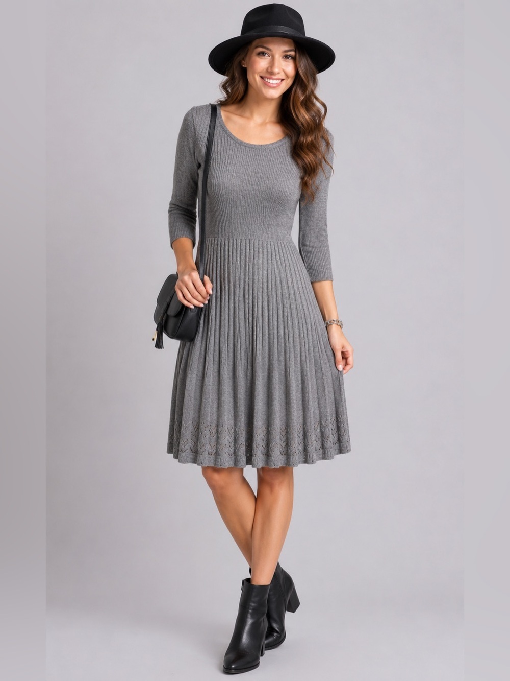Nina Leonard Paris Gray Knit Pleated Sweater Dress Size M